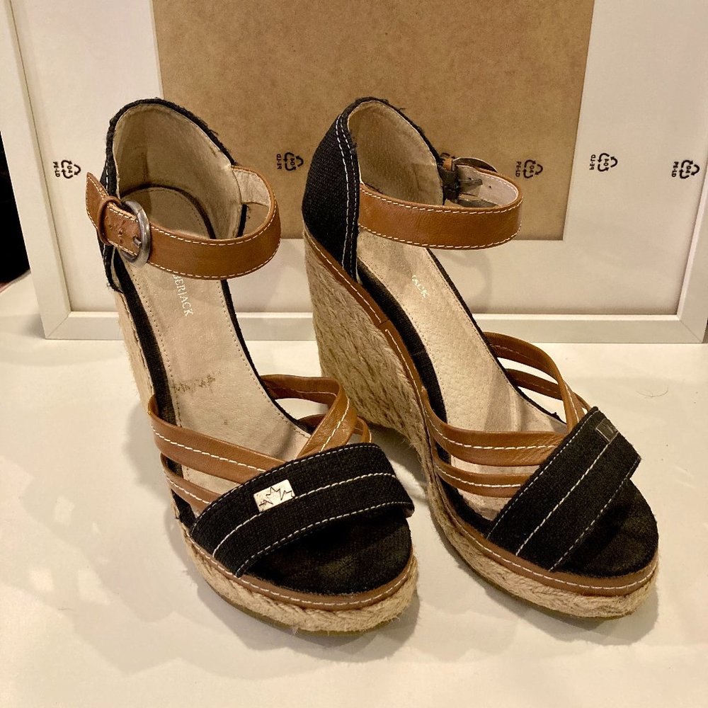 Espadrille Wedge Sandals, Blue/tan leather Size 7